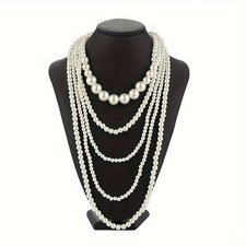 Multi Layer White Faux Pearl Statement Necklace Long Beaded Strand Wedding