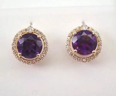 3Ct Round Cut Amethyst Push Back Halo Stud Earrings Solid 14K Yellow Gold Finish