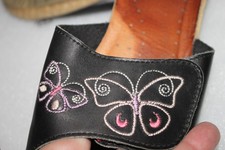 FLY FLOT  Black Leather +Pink Butterflies slip-on shoes Size 38 adjustable width