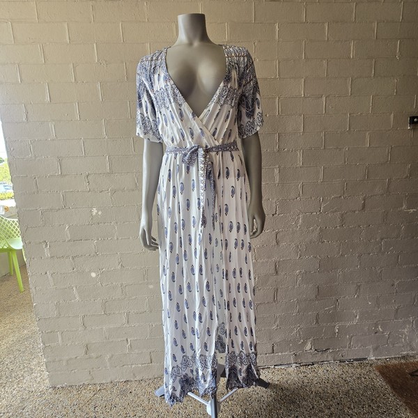 Gamiss Boho Paisley Maxi Dress White Blue Wrap Style Tie Waist Size M