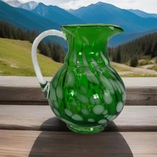 Vintage Blown Green & White Dotted Pitcher Nice Colors No Chips Or Cracks