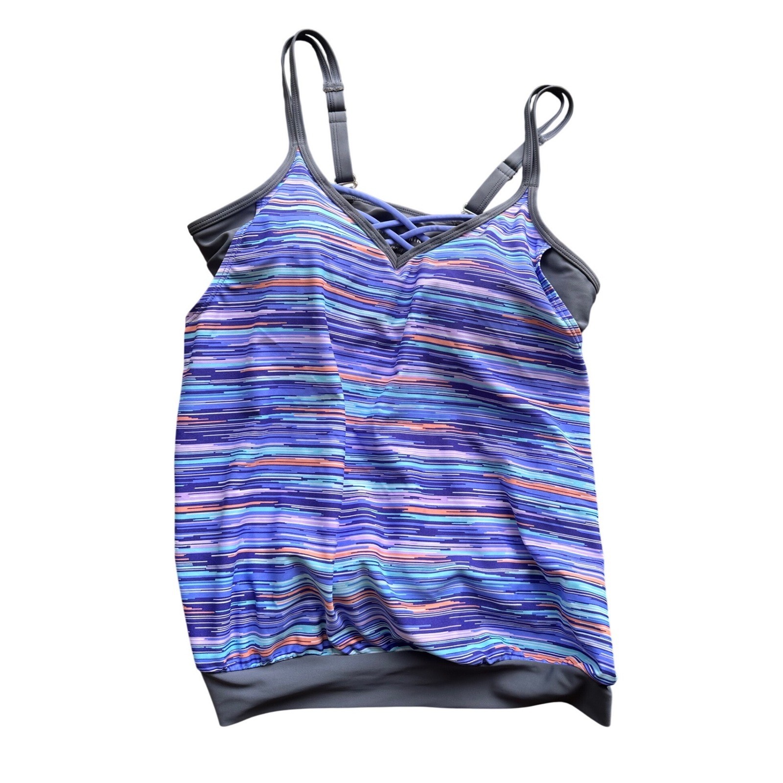 Free Country Womens Purple Blue  Tankini Swim Top Lattice Neck Size M 8/10