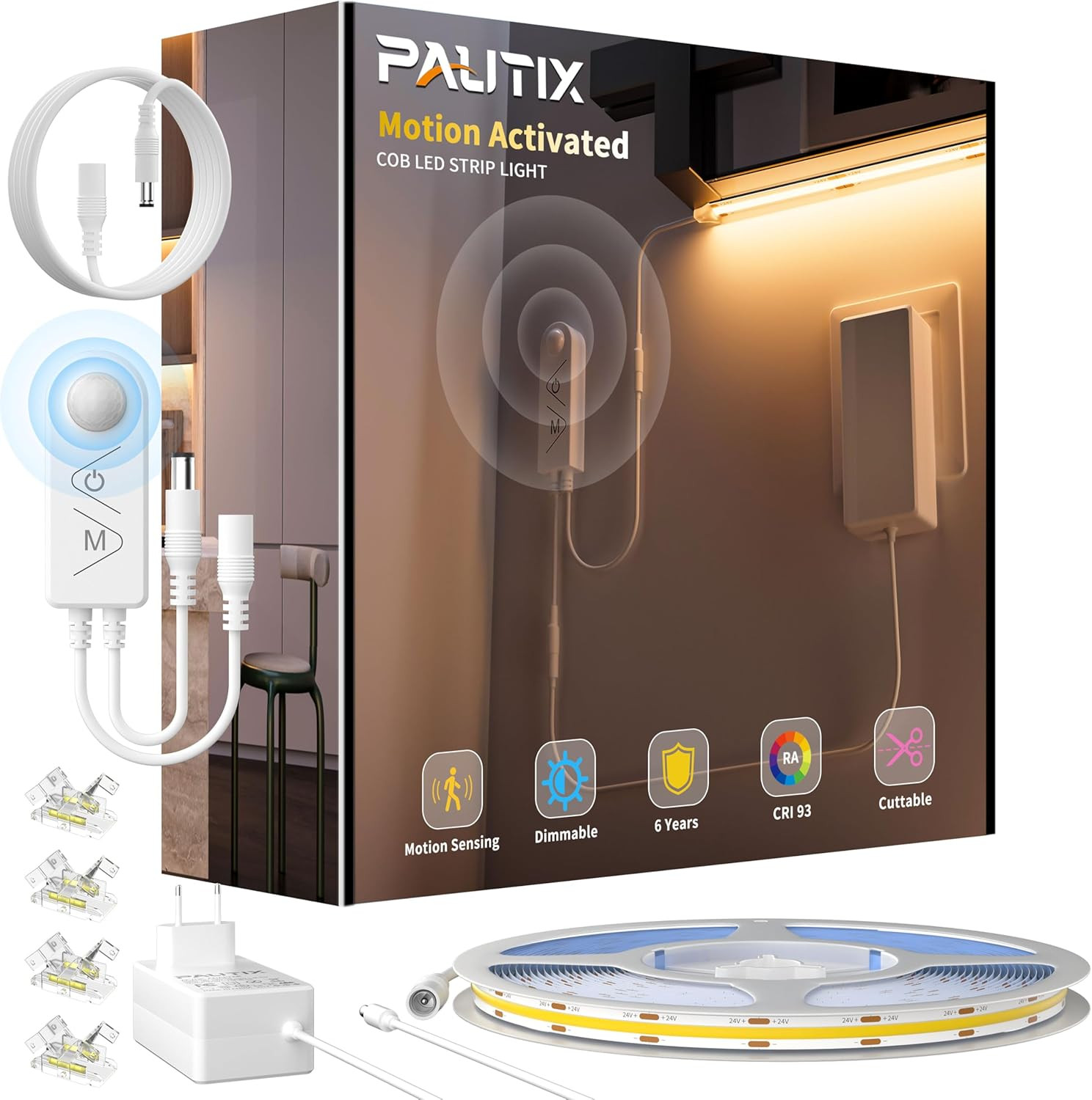 Kit Striscia LED 24V COB 5M Motion Sensor Bianco Caldo Anti-Puntinato