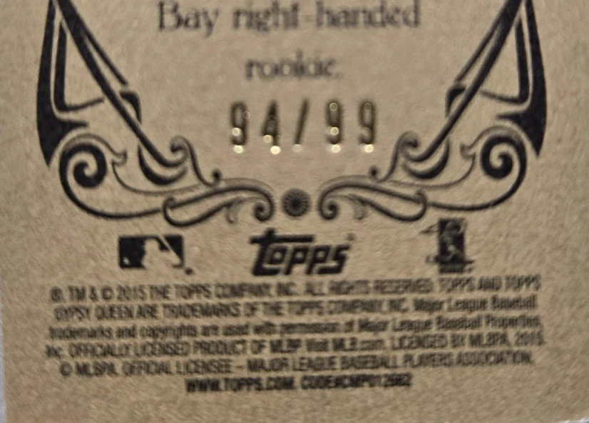 2015 Topps Gypsy Queen Mini Gold Baseball Card Jake Odorizzi #204 (NM) SN 94/99 - Image 3 of 3