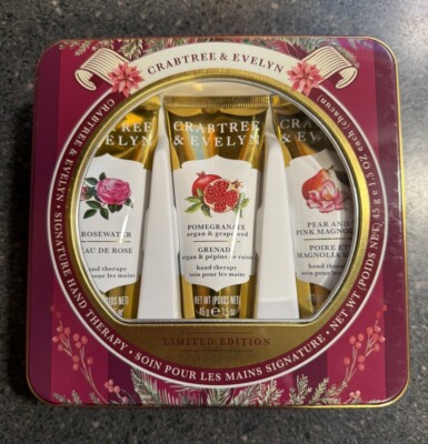 Crabtree & Evelyn ROSEWATER, POM, PEAR Hand Therapy Gift Set Tin 3x1.5oz LTD ED