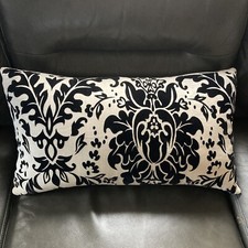 Lumbar Pillow Duck Feather Down 24”x 14” Linen & Black Faux Velvet Brocade EUC