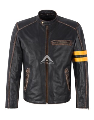 Men's Cafe Racer Biker Vintage Leather Jacket Thick Cowhide Riding Style Jacket