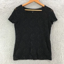 Talbots Floral Lace Top Womens Small Black Short Sleeves Round Neck Casual