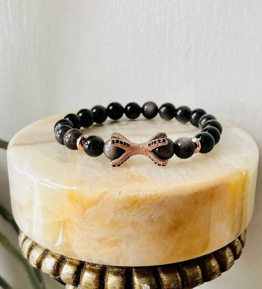 Brazalete de circonita cúbica de oro rosa de fuerza de piedra obsidiana negra natural (8 mm) 6,5 pulgadas Foto 4 de 4