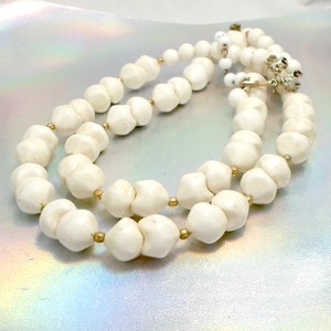 Coro-necklace-signed-white-puffy-beads-vintage-2-strands-15-to-17-inch