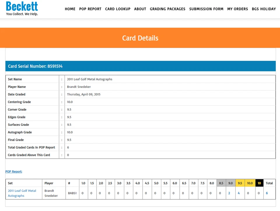 Brandt Snedeker BGS 9.5 w 10 AU: 2011 Leaf Golf Metal Autographs Rookie POP 4 - Image 3 of 4