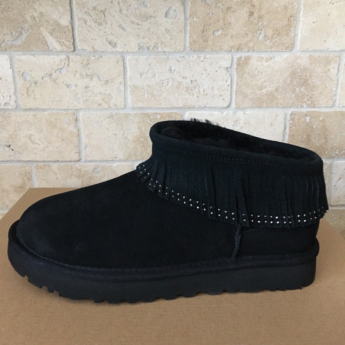 UGG Classic Ultra Mini Fringe Bling Black Suede Sheepskin Boot