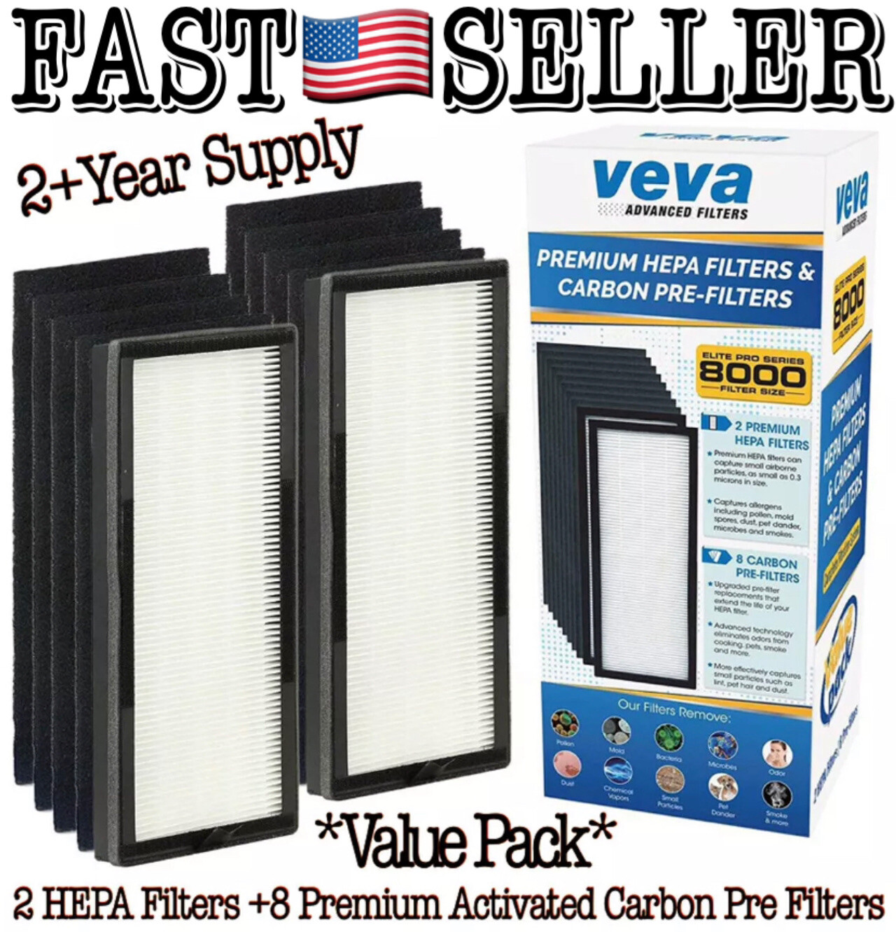 VEVA 8000 Elite Pro Series 2Pack Purifier Replacement HEPA Filters +8