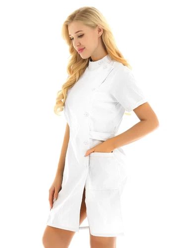 Solid Lab Coat Medical White Women Nurse Scrubs Doctor Gown Jacket Uniform Dress - Picture 7 of 78