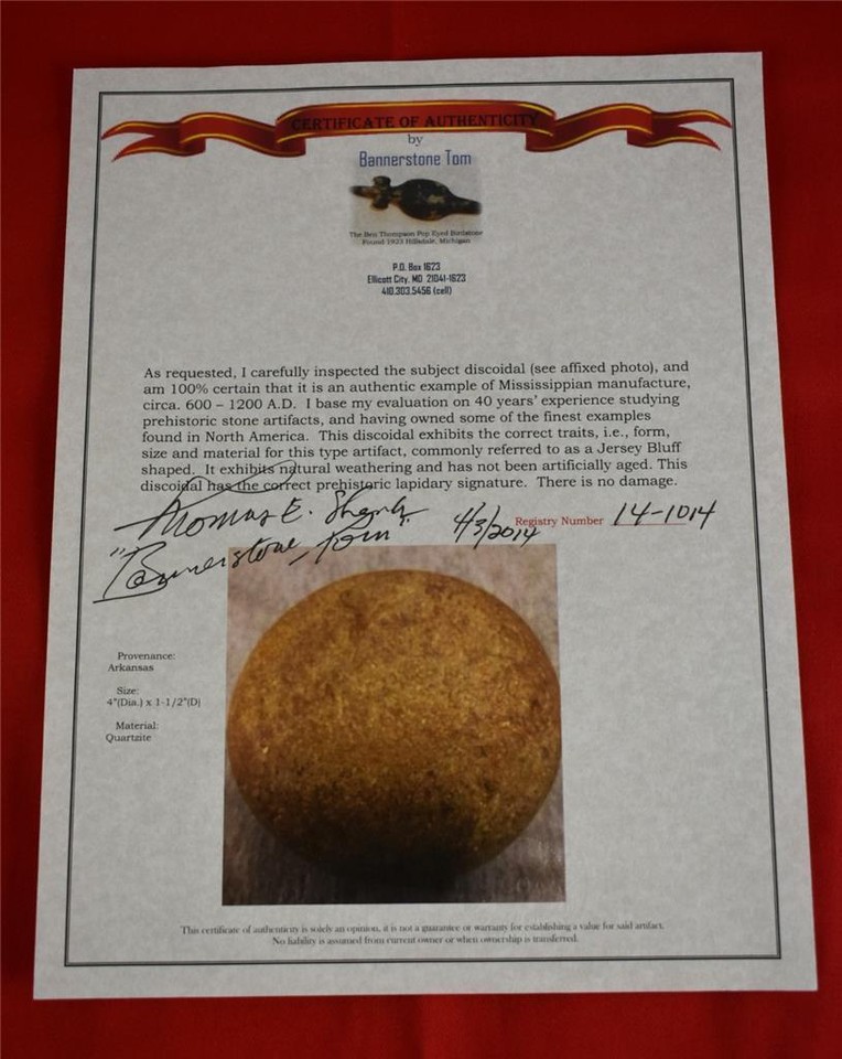 Quartzite Jersey Bluff Discoidal Bannerstone Tom COA Arrowheads