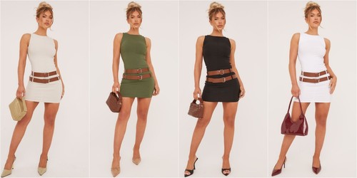 UK Womens Ladies Sleeveless Double Belt Tailored Bodycon Mini Dress Party Dress - Picture 2 of 18