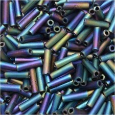 Miyuki Bugle Beads Size 2, 6mm x 1.7mm 17 Gram Tube Matte Black AB