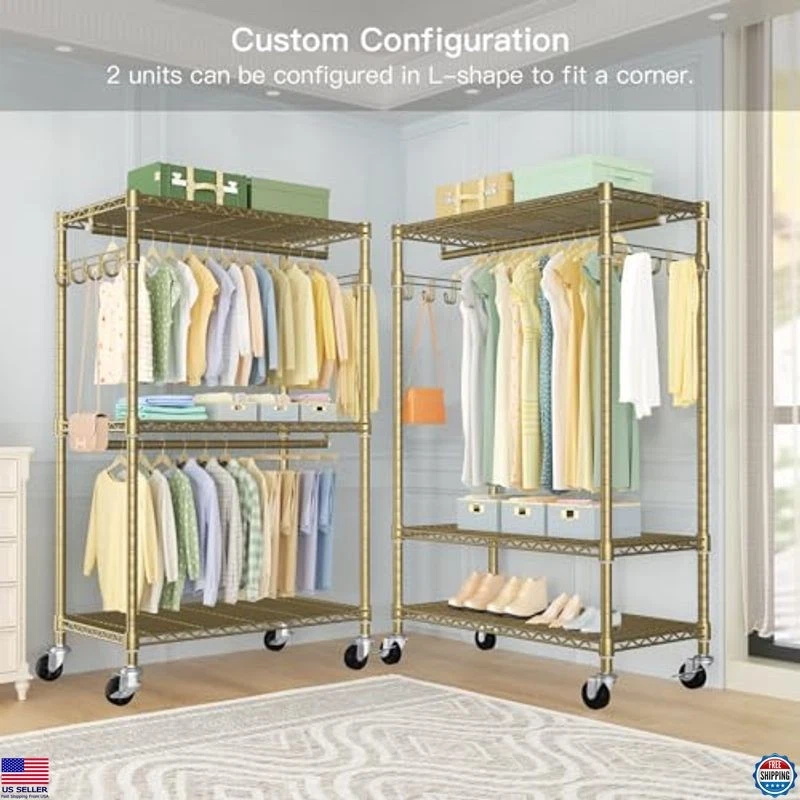 Perchero de metal móvil con ruedas bloqueables, varillas de suspensión dobles, dorado Foto 4 de 4