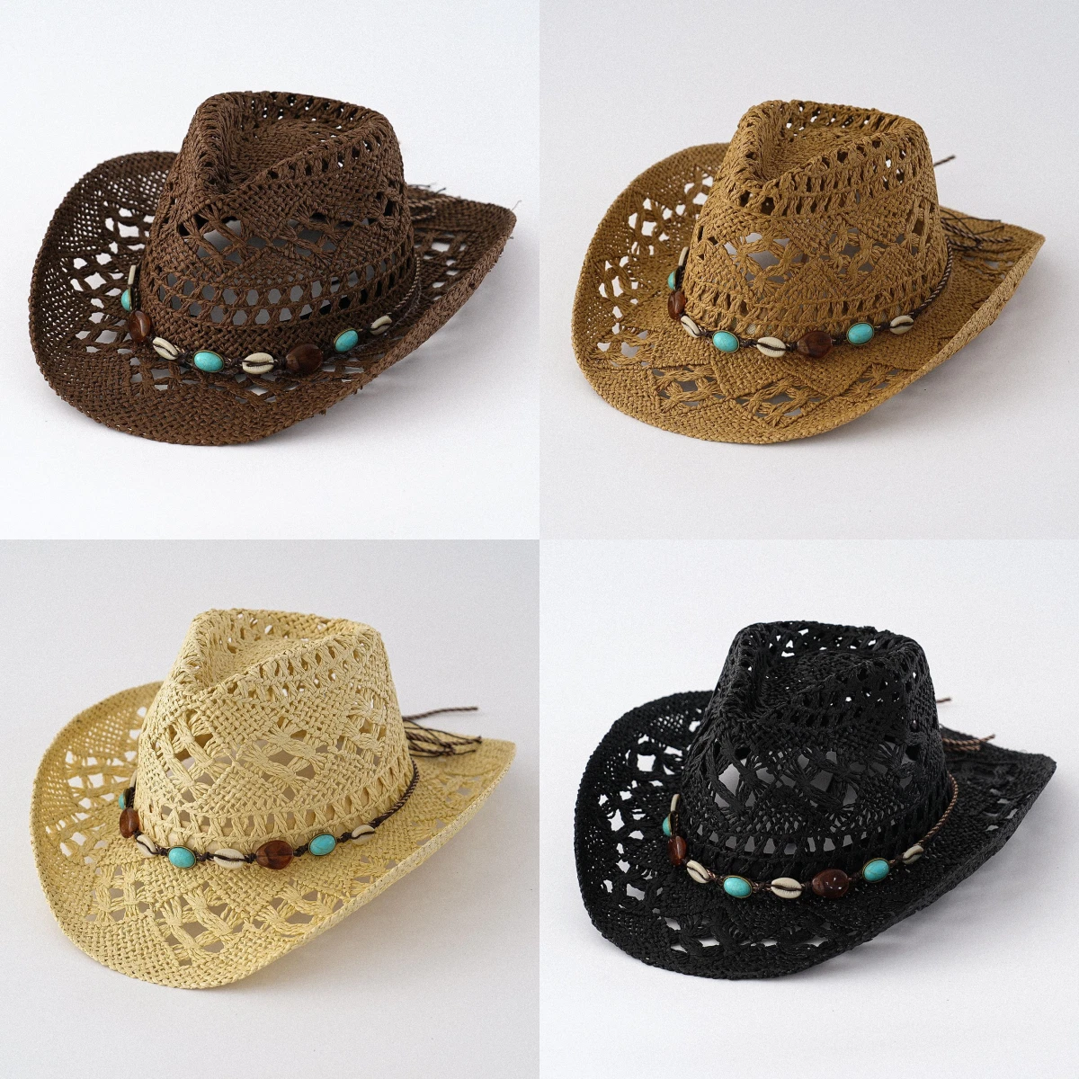Women's Western Cowboy Straw Hat Hollow Beach Boho Summer Sun Hat Beach Cowgirl