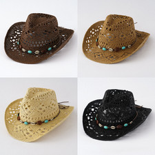 Women's Western Cowboy Straw Hat Hollow Beach Boho Summer Sun Hat Beach Cowgirl