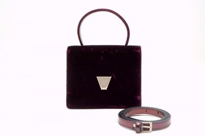 LOEWE Vintage 2way Rare Shoulder Handbag Square With strap Velvet PUrple 6452h