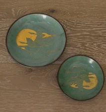 Pair of Japanese Brass Encased Hand Painted Porcelain Bowls