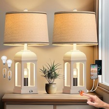 26'' Rustic Table Lamps Set of 2 with USB A C Bedroom Bedside Night Light White