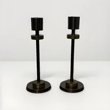 Stunning Pair MCM Art Deco Metal Bronze Tone Candlesticks Candle Holders 8.25”