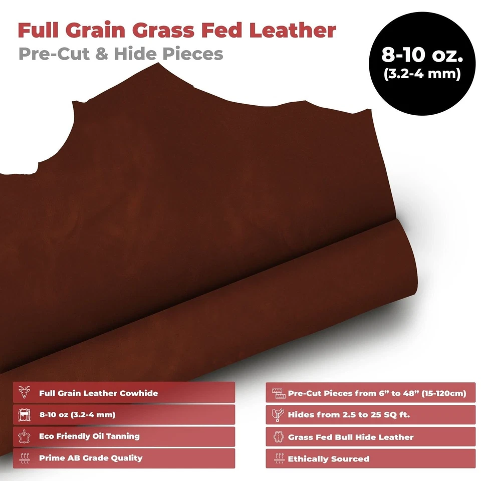 ELW 8-10 oz. (3-4mm) Thick Pre-Cut Piece Full Grain Leather Grass Fed CowHides - Image 2 of 4