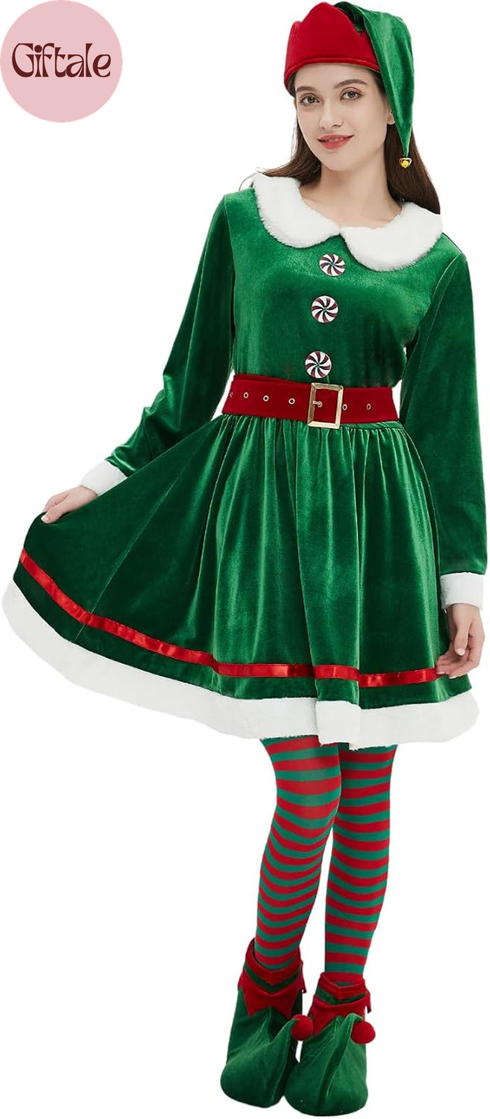 Disfraz de Elfo para Mujer 5 Piezas Vestido de Navidad Conjunto Adulto Elfo Traje