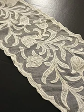 Vintage Net Lace Table or Dresser Runner 12" x 68", Flower Design, Antique White