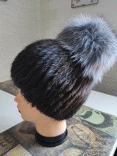 Damen Qualität Nerz Pelz Mutze 57-59 Groß Braun mit Grau Bommel.