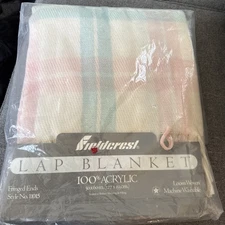Fieldcrest Lap Blanket 100% Acrylic Loom Woven Pastel Plaid Fringe 50X60 USA