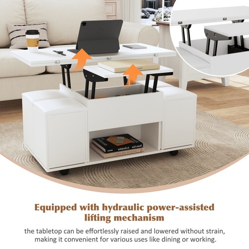 Lift Up Top Coffee Table w/ Storage Dining Table and Stools Set for Living Room - Picture 4 of 13
