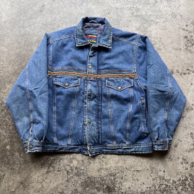 Vintage 90s Santa Fe Trail Zip Up Aztec Print Denim Jacket Mens Sz