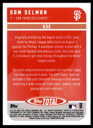 Sam Selman 2020 Topps Total Red #633 RC /10 Giants - Picture 2 of 2