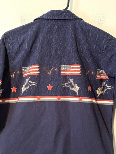Wrangler Blue Rodeo Flag Print Pearl Snap Shirt Boys Size L 10-12 Long Sleeve - Picture 5 of 6