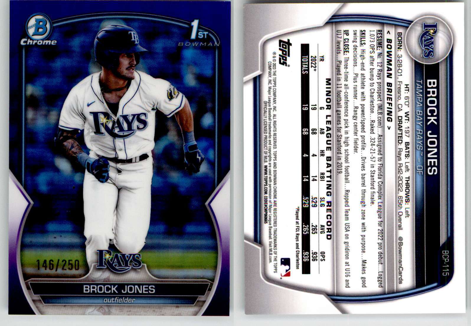 Brock Jones 2023 Bowman Chrome Purple Refractor BCP-115 /250 Rays 1st