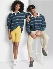 Wild Fable Unisex  Size Small Long Sleeve Oversized Rugby Polo T-Shirt Navy