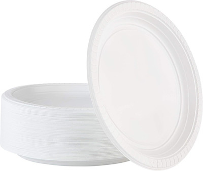 PLASTICPRO 9 inch Round Plastic Plates Microwaveable, Disposable, White, 100