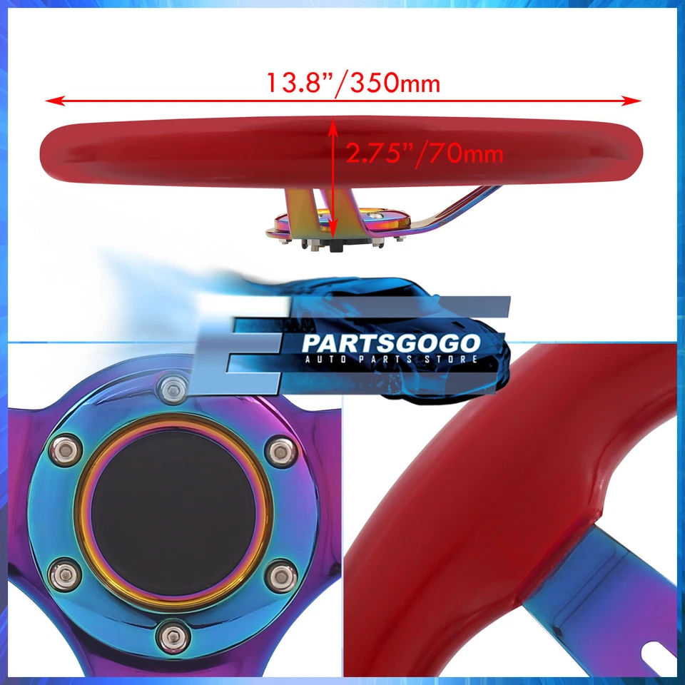 Universal JDM 350mm 14inch Red Wood Neo Chrome Steel Deep Dish Steering Wheel Foto 2 de 4