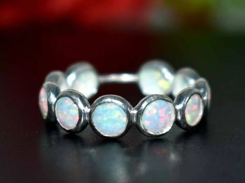 Opal Wedding Band Round Cut Full Eternity Band Opal Ring Gemstone Bridal Ring.-image