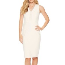Calvin Klein Sleeveless Lace Trim V-Neck Sheath Dress Career Ivory Women's 4