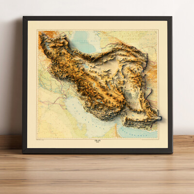 Iran Map, Iran 2D Relief Map, Iran Vintage Map - 2D Flat Print