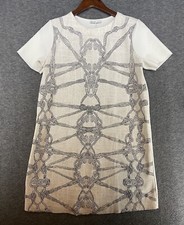 Zara Women’s Shift Dress Rope Print Size Medium Pullover Short Sleeve Cream Tan