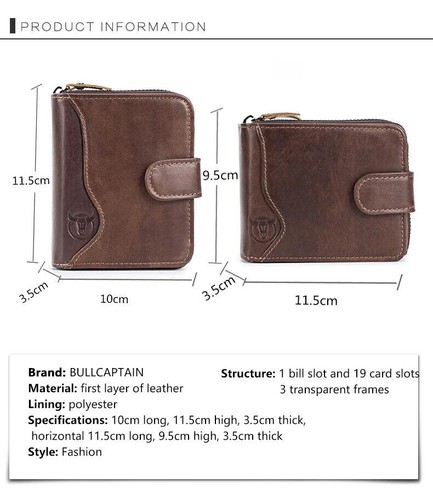 BULLCAPTAIN Genuine Leather RFID Mens Wallet Credit Card ID Holder Zipper Purse - Afbeelding 12 van 16