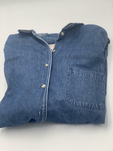 VINTAGE BROOKS BROTHERS WOMENS DENIM LS SHIRT, SIZE LARGE PLAID COLLAR AND CUFFS - Picture 2 of 7