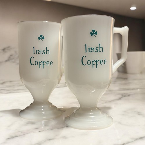 Irish Coffee Mugs Shamrock White Milk Glass Gold Trim Set of 2