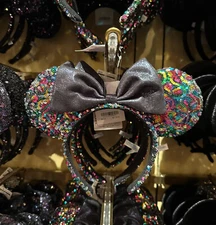 Tokyo Disney Parks Ears Sequins Micky & Minnie Black Rainbow JAPAN Headband