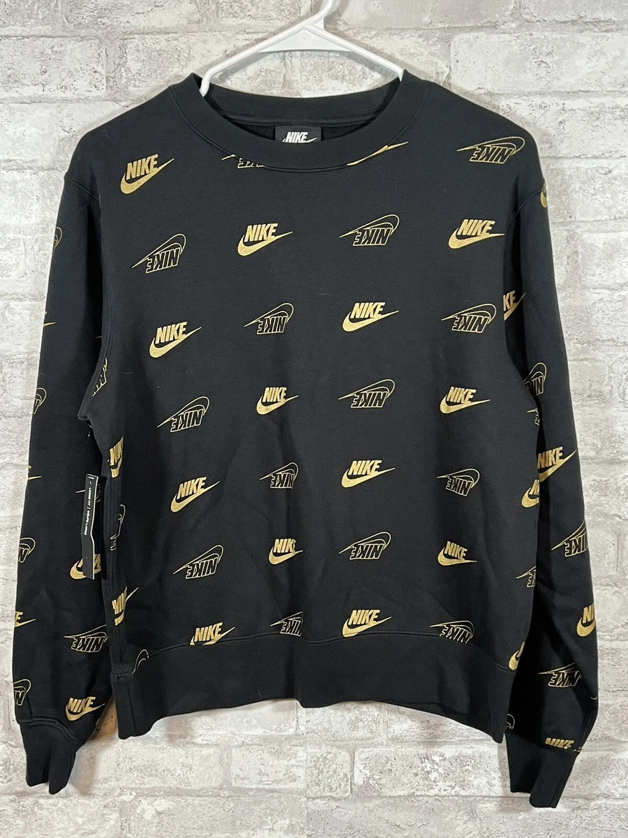NWT Vintage Black Nike Sweatshirt Crewneck Gold Swoosh Logos Size XS